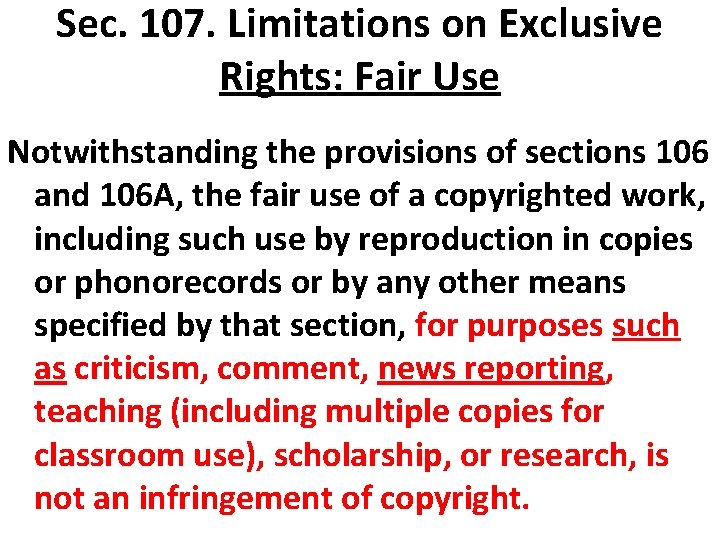 Sec. 107. Limitations on Exclusive Rights: Fair Use Notwithstanding the provisions of sections 106