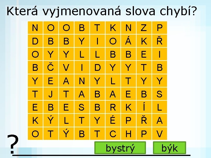 Která vyjmenovaná slova chybí? ? N D O B Y T E K O