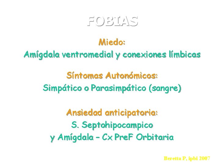 FOBIAS Miedo: Amígdala ventromedial y conexiones límbicas Síntomas Autonómicos: Simpático o Parasimpático (sangre) Ansiedad