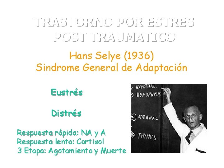 TRASTORNO POR ESTRES POST TRAUMATICO Hans Selye (1936) Sindrome General de Adaptación Eustrés Distrés
