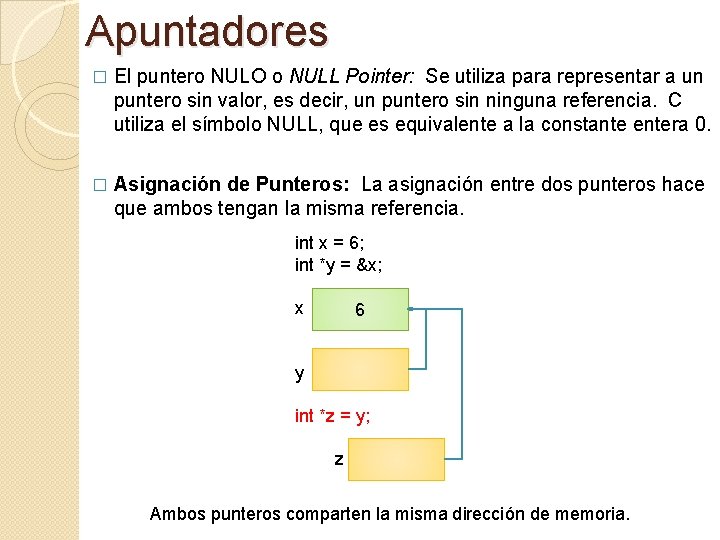 Apuntadores � El puntero NULO o NULL Pointer: Se utiliza para representar a un