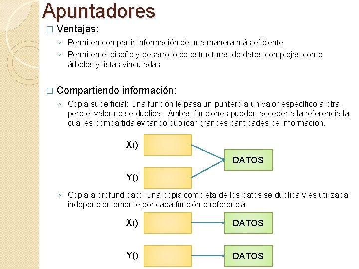 Apuntadores � Ventajas: ◦ Permiten compartir información de una manera más eficiente ◦ Permiten