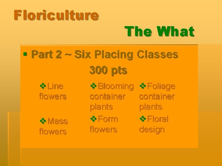 Floriculture The What § Part 2 ~ Six Placing Classes 300 pts v. Line