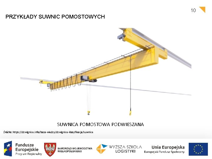 10 PRZYKŁADY SUWNIC POMOSTOWYCH SUWNICA POMOSTOWA PODWIESZANA Źródło: https: //dzwignice. info/baza-wiedzy/dzwignice-klasyfikacja/suwnice 