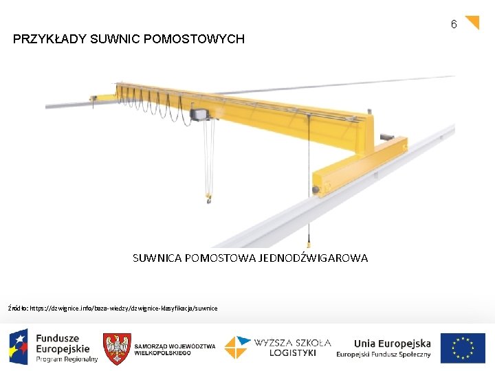 6 PRZYKŁADY SUWNIC POMOSTOWYCH SUWNICA POMOSTOWA JEDNODŹWIGAROWA Źródło: https: //dzwignice. info/baza-wiedzy/dzwignice-klasyfikacja/suwnice 
