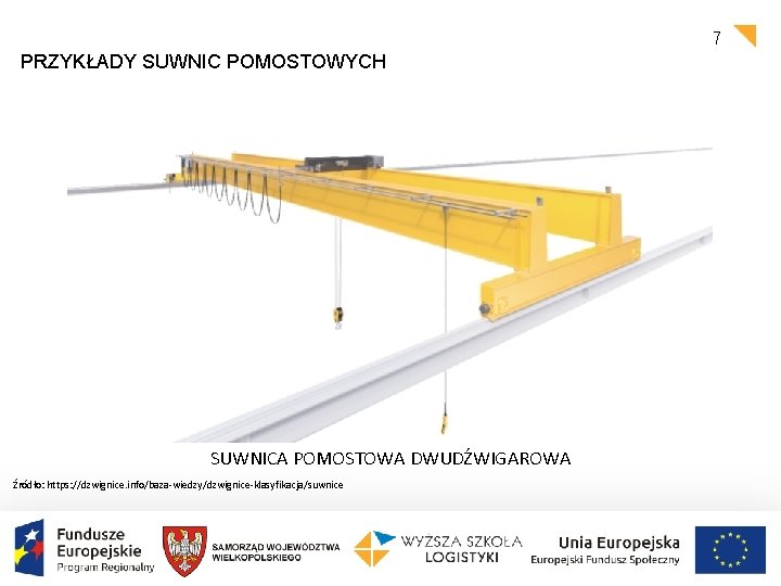 7 PRZYKŁADY SUWNIC POMOSTOWYCH SUWNICA POMOSTOWA DWUDŹWIGAROWA Źródło: https: //dzwignice. info/baza-wiedzy/dzwignice-klasyfikacja/suwnice 