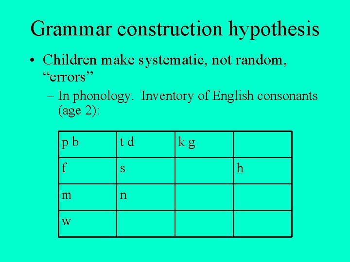 Grammar construction hypothesis • Children make systematic, not random, “errors” – In phonology. Inventory Grammar construction hypothesis • Children make systematic, not random, “errors” – In phonology. Inventory