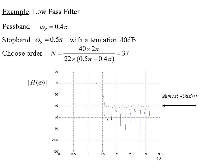 Example: Low Pass Filter Passband Stopband with attenuation 40 d. B Choose order Almost