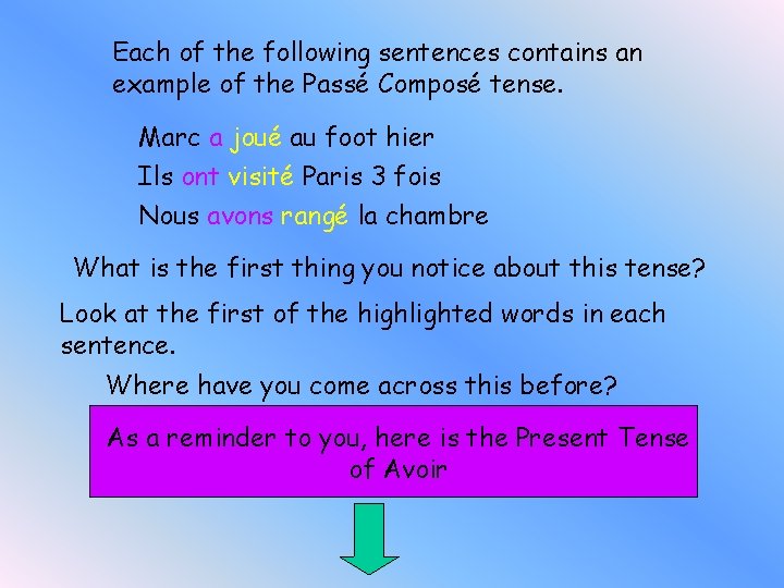 Each of the following sentences contains an example of the Passé Composé tense. Marc