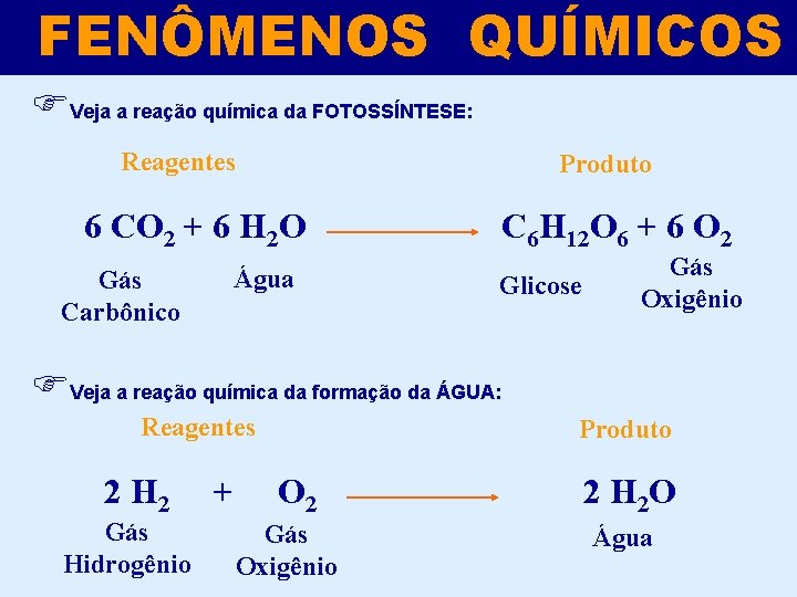 FENÔMENOS QUÍMICOS FVeja a reação química da FOTOSSÍNTESE: Reagentes Produto 6 CO 2 +
