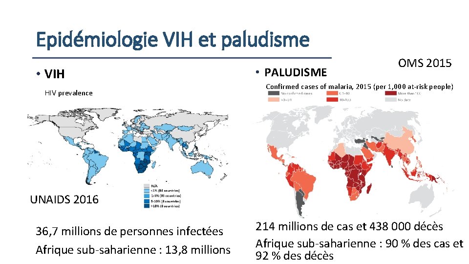 Epidémiologie VIH et paludisme • VIH HIV prevalence • PALUDISME OMS 2015 Confirmed cases