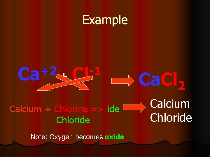 Example +2 -1 Ca + Cl Calcium + Chlorine => ide Chloride Note: Oxygen