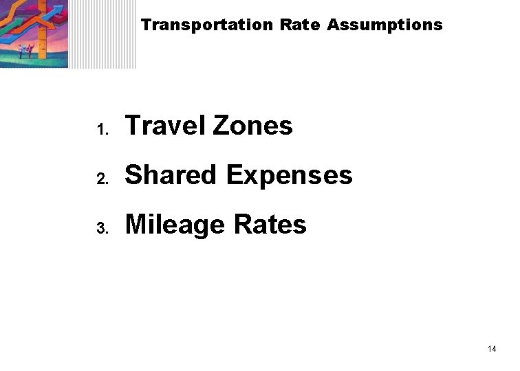 Transportation Rate Assumptions 1. Travel Zones 2. Shared Expenses 3. Mileage Rates 14 
