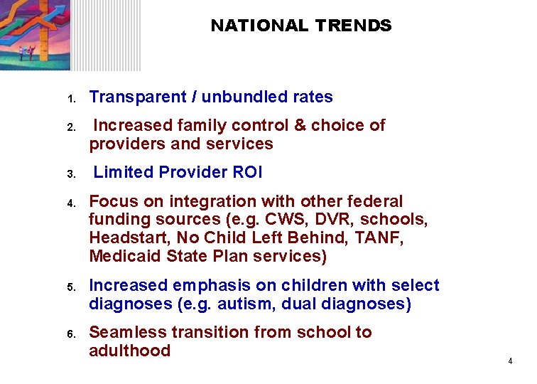 NATIONAL TRENDS 1. 2. 3. 4. 5. 6. Transparent / unbundled rates Increased family