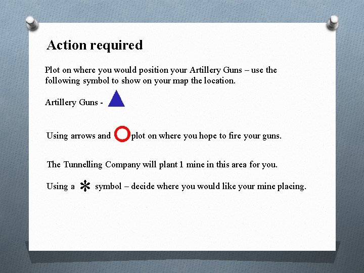 Action required Plot on where you would position your Artillery Guns – use the