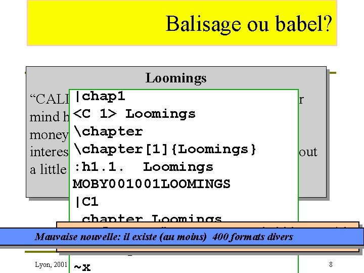 Balisage ou babel? Loomings “CALL|chap 1 me Ishmael. Some years ago --- never <C