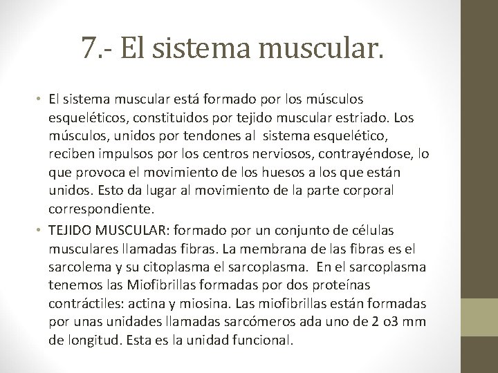 7. - El sistema muscular. • El sistema muscular está formado por los músculos