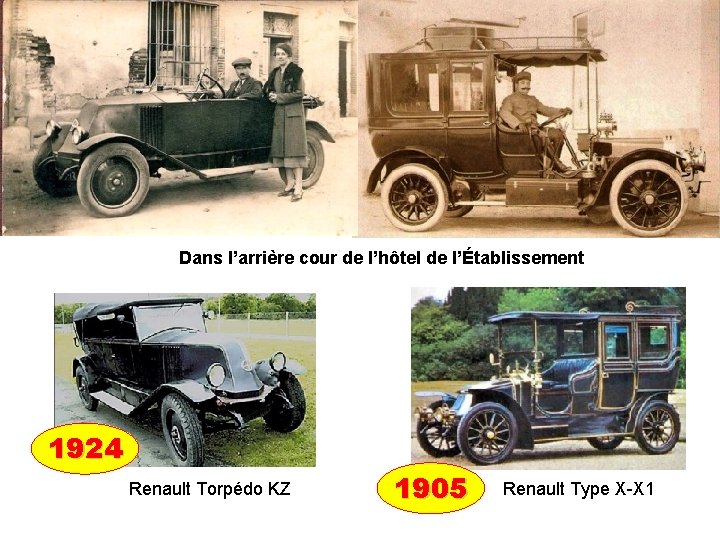 Dans l’arrière cour de l’hôtel de l’Établissement 1924 Renault Torpédo KZ 1905 Renault Type