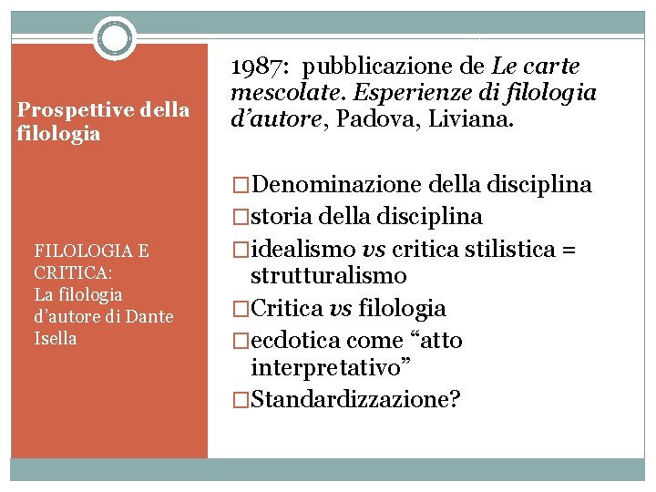 Prospettive della filologia 1987: pubblicazione de Le carte mescolate. Esperienze di filologia d’autore, Padova,
