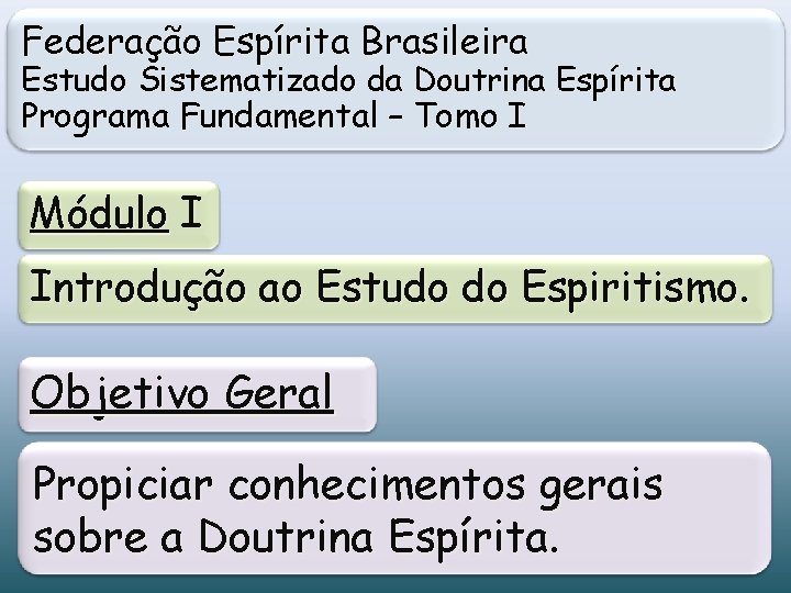 Federação Espírita Brasileira Estudo Sistematizado da Doutrina Espírita Programa Fundamental – Tomo I Módulo