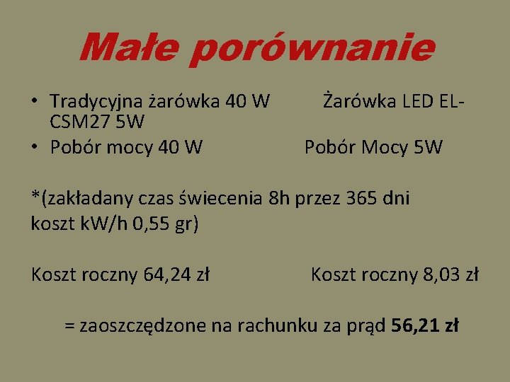 Małe porównanie • Tradycyjna żarówka 40 W Żarówka LED ELCSM 27 5 W •