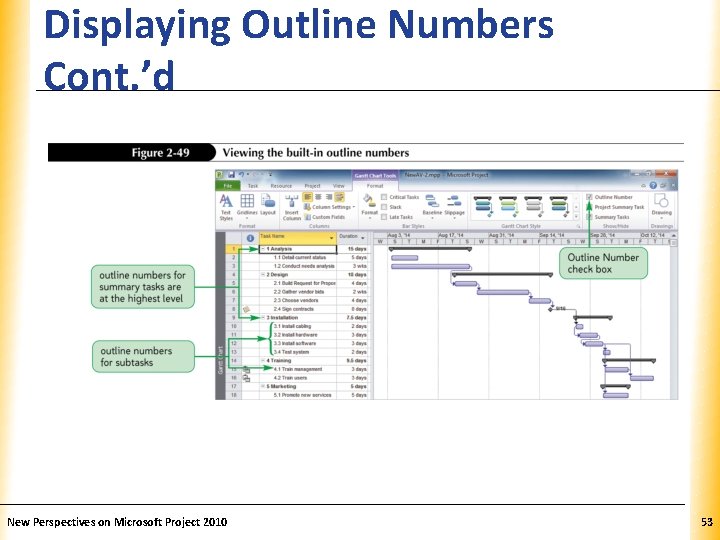 Displaying Outline Numbers Cont. ’d New Perspectives on Microsoft Project 2010 XP 53 