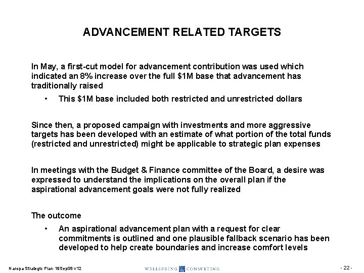 ADVANCEMENT RELATED TARGETS In May, a first-cut model for advancement contribution was used which ADVANCEMENT RELATED TARGETS In May, a first-cut model for advancement contribution was used which