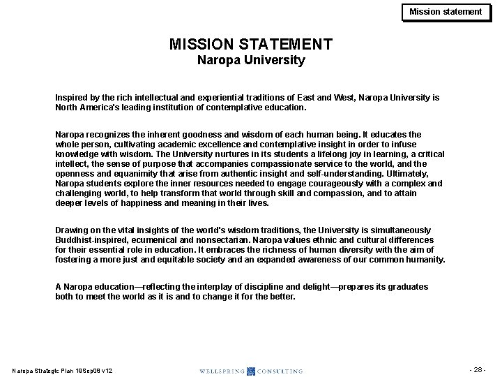 Mission statement MISSION STATEMENT Naropa University Inspired by the rich intellectual and experiential traditions Mission statement MISSION STATEMENT Naropa University Inspired by the rich intellectual and experiential traditions