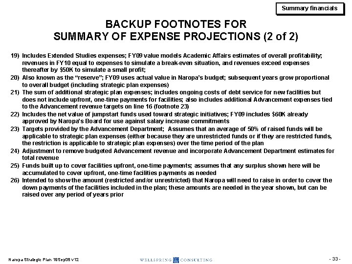 Summary financials BACKUP FOOTNOTES FOR SUMMARY OF EXPENSE PROJECTIONS (2 of 2) 19) Includes Summary financials BACKUP FOOTNOTES FOR SUMMARY OF EXPENSE PROJECTIONS (2 of 2) 19) Includes