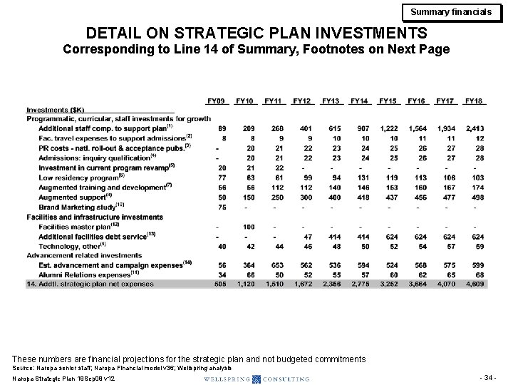 Summary financials DETAIL ON STRATEGIC PLAN INVESTMENTS Corresponding to Line 14 of Summary, Footnotes Summary financials DETAIL ON STRATEGIC PLAN INVESTMENTS Corresponding to Line 14 of Summary, Footnotes