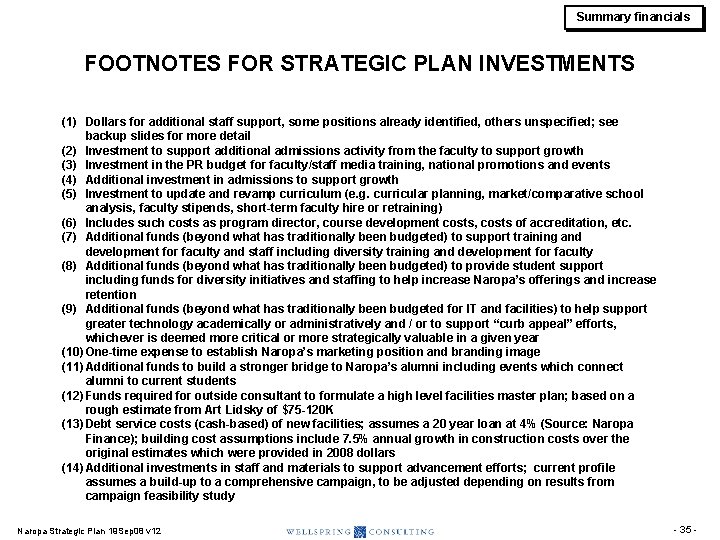 Summary financials FOOTNOTES FOR STRATEGIC PLAN INVESTMENTS (1) Dollars for additional staff support, some Summary financials FOOTNOTES FOR STRATEGIC PLAN INVESTMENTS (1) Dollars for additional staff support, some