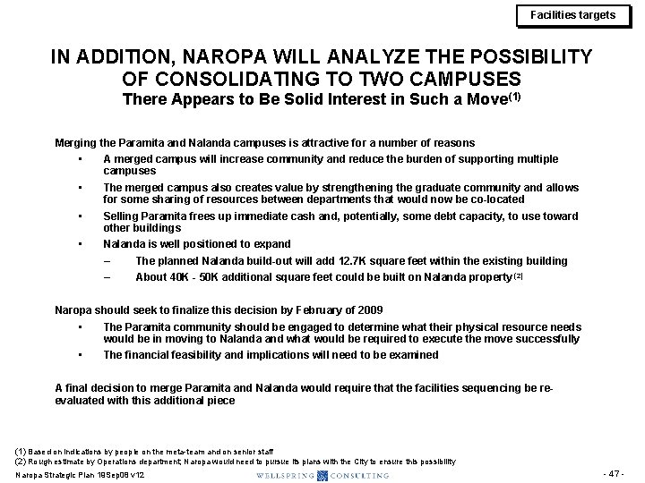 Facilities targets IN ADDITION, NAROPA WILL ANALYZE THE POSSIBILITY OF CONSOLIDATING TO TWO CAMPUSES Facilities targets IN ADDITION, NAROPA WILL ANALYZE THE POSSIBILITY OF CONSOLIDATING TO TWO CAMPUSES