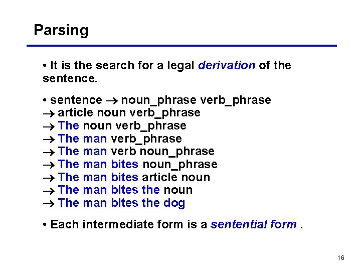 Parsing • It is the search for a legal derivation of the sentence. •