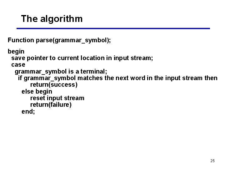 The algorithm Function parse(grammar_symbol); begin save pointer to current location in input stream; case