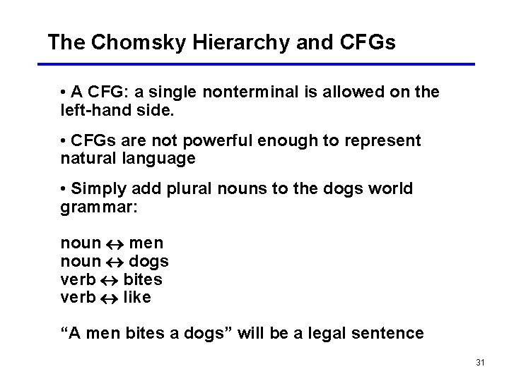 The Chomsky Hierarchy and CFGs • A CFG: a single nonterminal is allowed on