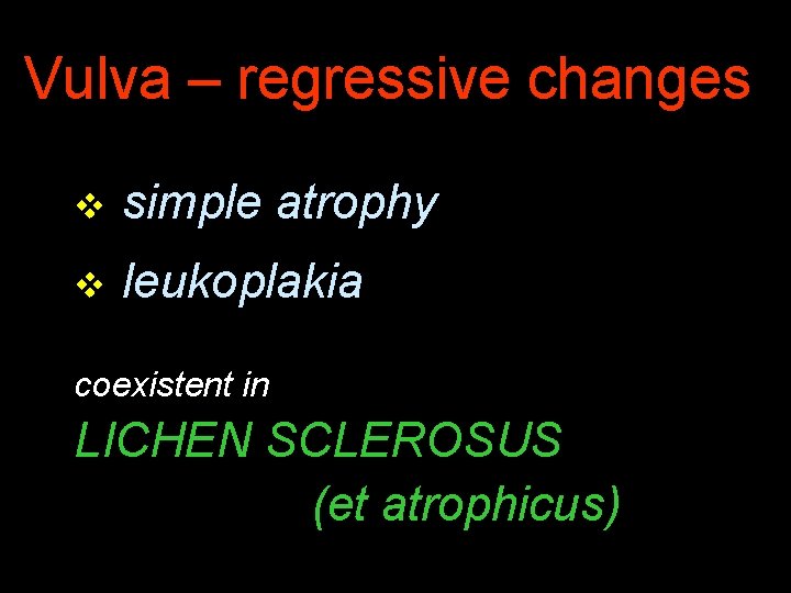 Vulva – regressive changes v simple atrophy v leukoplakia coexistent in LICHEN SCLEROSUS (et