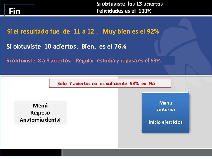 Si obtuviste los 13 aciertos Felicidades es el 100% Fin Si el resultado fue