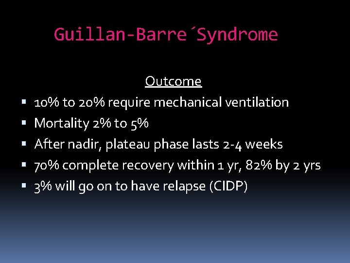 Guillan-Barre´Syndrome Outcome 10% to 20% require mechanical ventilation Mortality 2% to 5% After nadir,