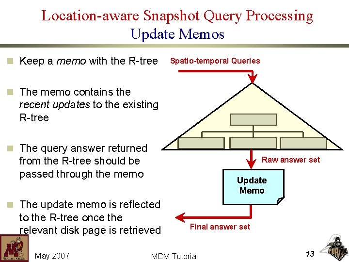 Location-aware Snapshot Query Processing Update Memos n Keep a memo with the R-tree Spatio-temporal