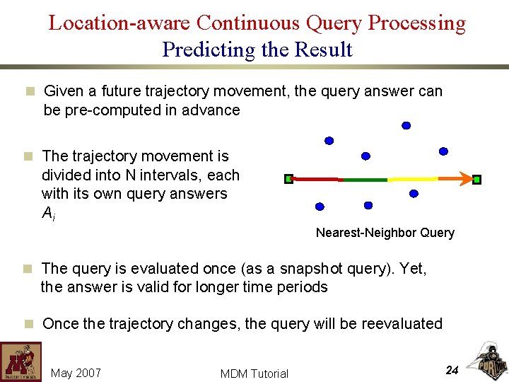 Location-aware Continuous Query Processing Predicting the Result n Given a future trajectory movement, the