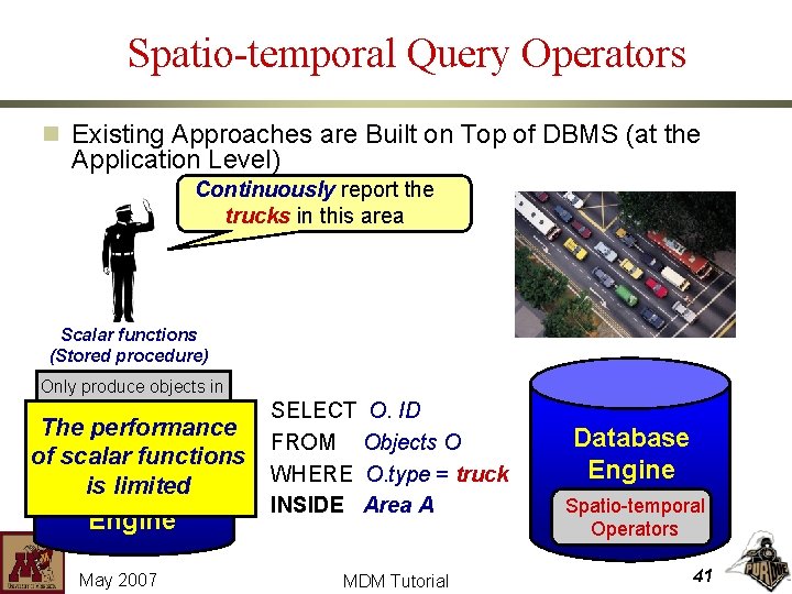 Spatio-temporal Query Operators n Existing Approaches are Built on Top of DBMS (at the
