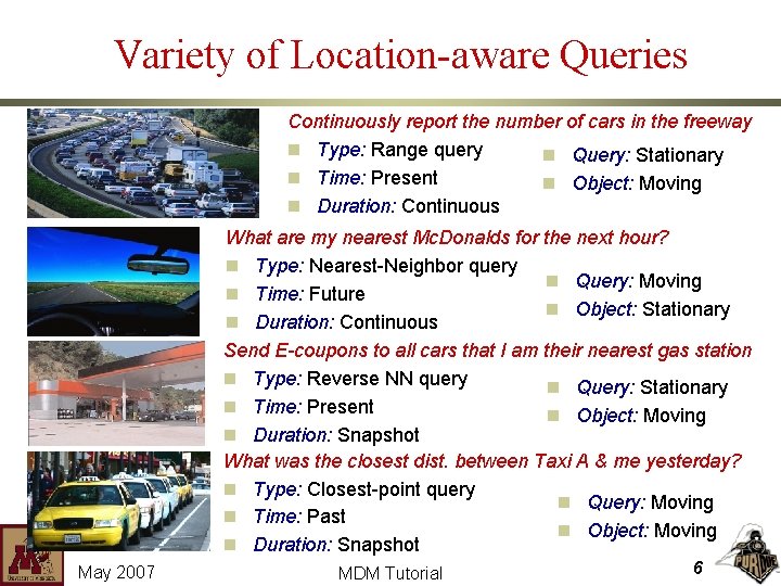 Variety of Location-aware Queries Continuously report the number of cars in the freeway n