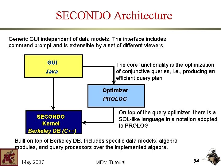 SECONDO Architecture Generic GUI independent of data models. The interface includes command prompt and