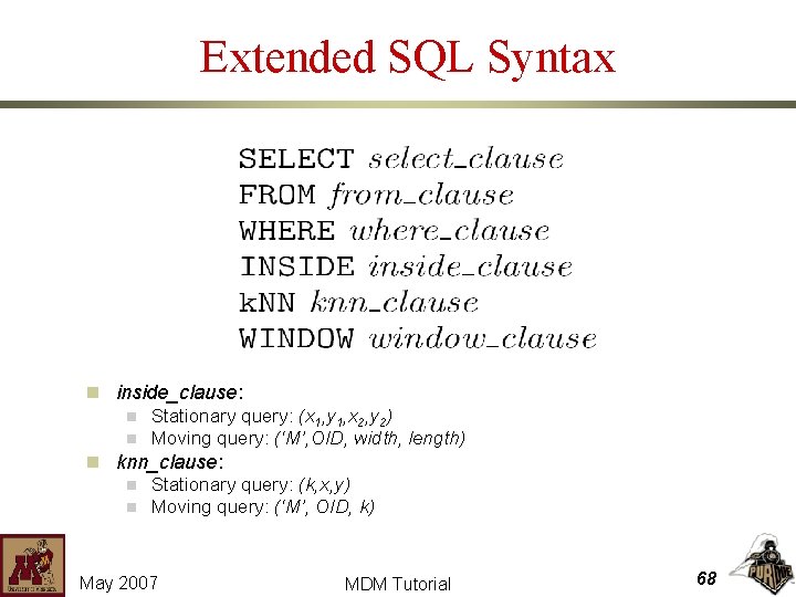 Extended SQL Syntax n inside_clause: n Stationary query: (x 1, y 1, x 2,