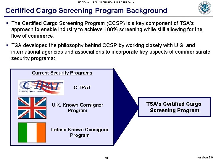 NOTIONAL – FOR DISCUSSION PURPOSES ONLY Certified Cargo Screening Program Background § The Certified