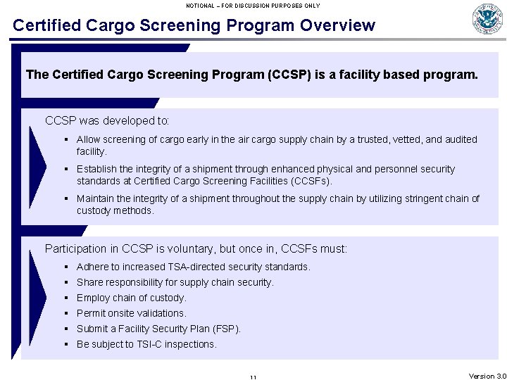 NOTIONAL – FOR DISCUSSION PURPOSES ONLY Certified Cargo Screening Program Overview The Certified Cargo