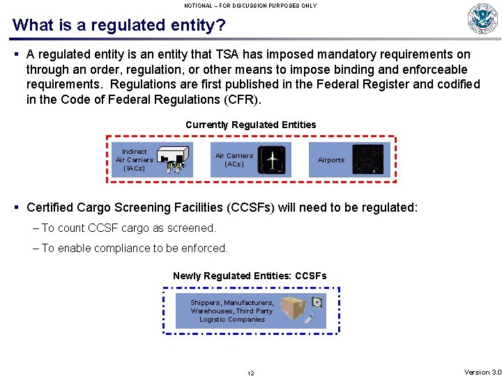 NOTIONAL – FOR DISCUSSION PURPOSES ONLY What is a regulated entity? § A regulated