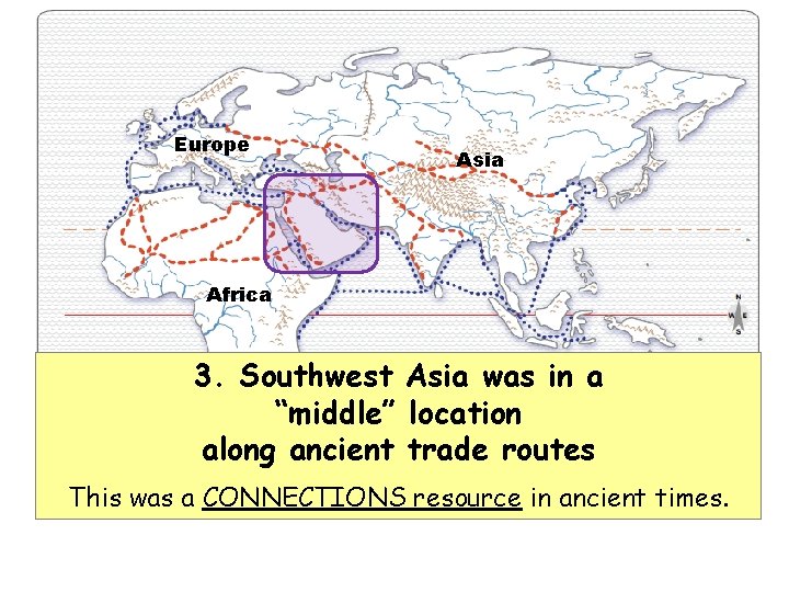 Europe Asia Africa 3. Southwest Asia was in a “middle” location along ancient trade