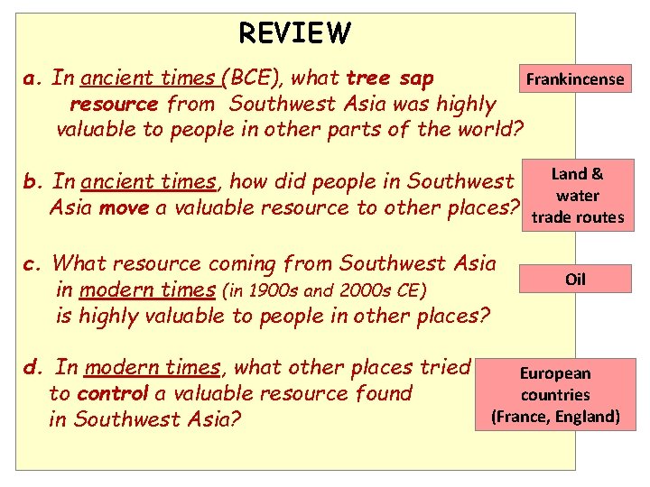 REVIEW Frankincense a. In ancient times (BCE), what tree sap resource from Southwest Asia