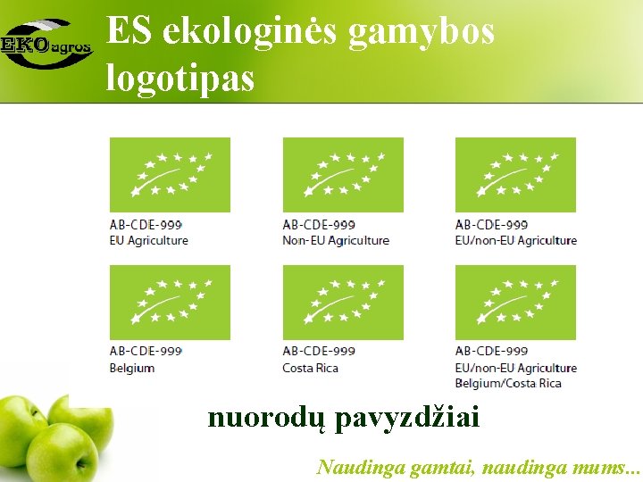 ES ekologinės gamybos logotipas nuorodų pavyzdžiai Naudinga gamtai, naudinga mums. . . 